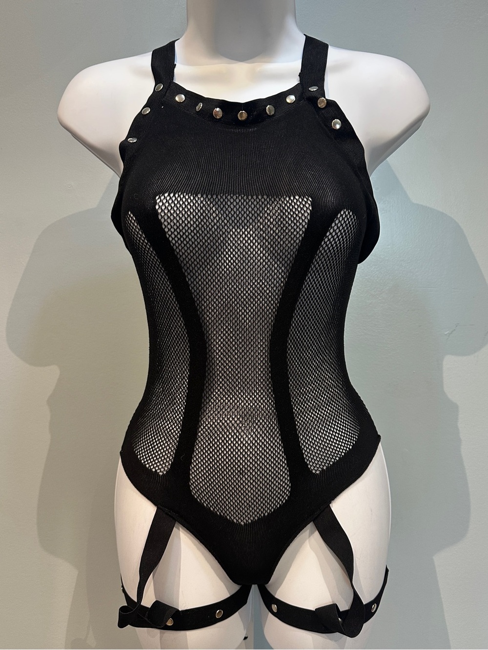 Vixen Fantasy Lingerie Black Fishnet Bodysuit with Studded Leg Attachments NWT